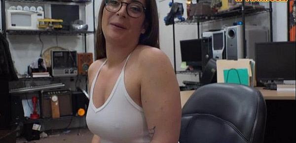  Busty woman wearing eye glasses railed in the backroom
